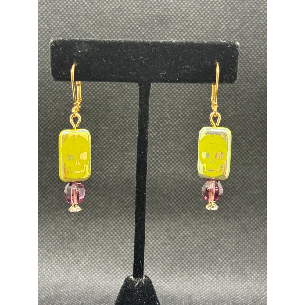 Handmade Czech glass iridescent Lime Green Skull Purple Gold Tone Drop Earrings